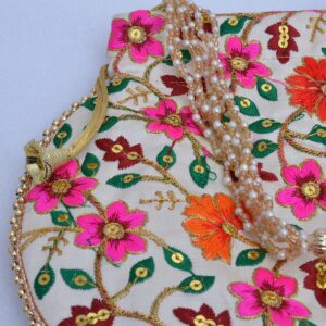 Truesellershop Designer Embroidered Potli Bag for Women Indian Ethnic Printed Silk Batwa Pearls Handle Purse Clutch Evening Party, Wedding, Gifts Her (Design-9), Off White