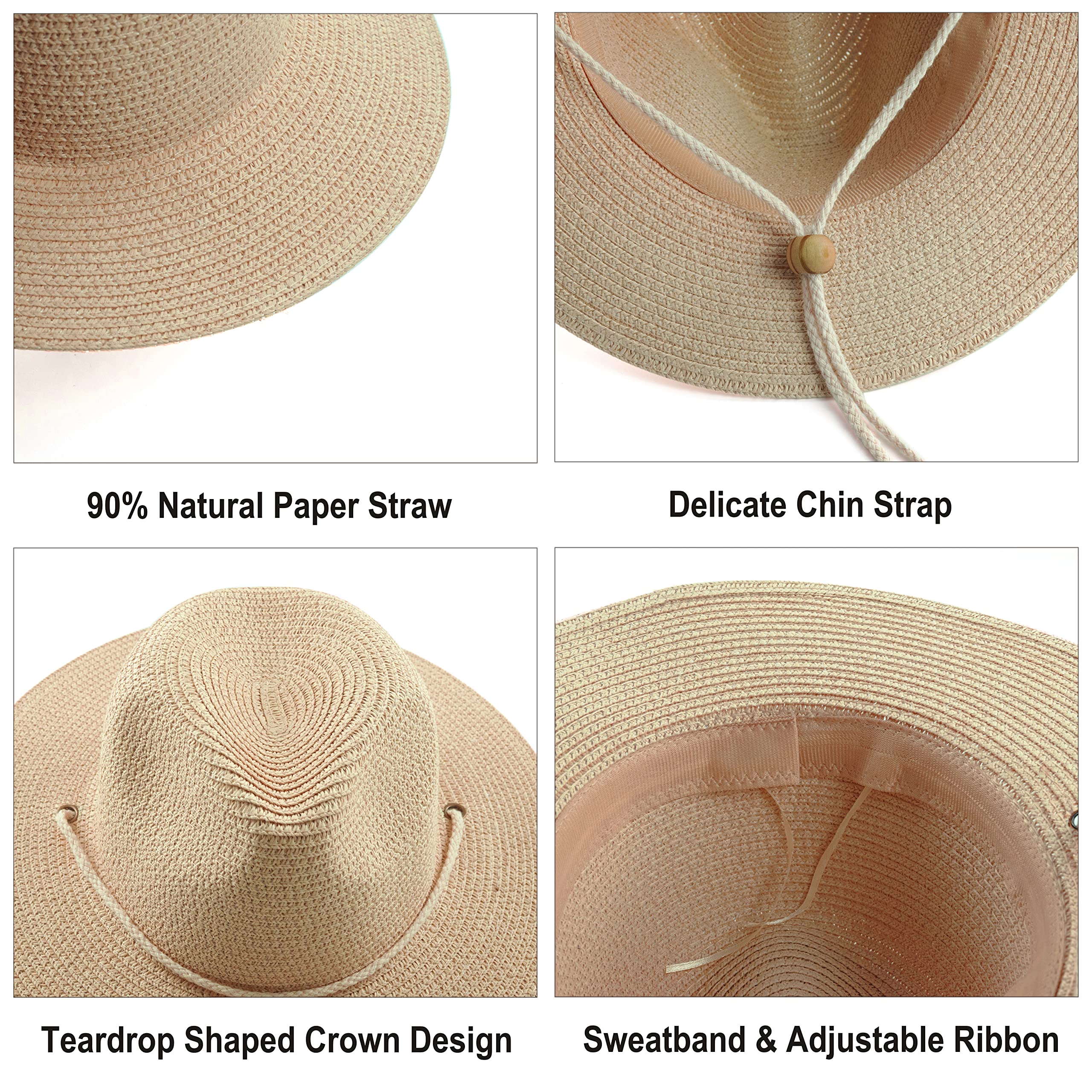 Koreshion Women Straw Panama Hat Summer Wide Brim Fedora Cap Beach Sun Hats UV UPF50+ Beige