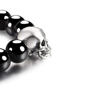 Skullis 0.7" 925 Sterling Silver Carved Skull & Black Obsidian Beads Bracelet, Crystal Healing. (M, Fit wrist size: (171-186) mm)