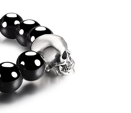 Skullis 0.7" 925 Sterling Silver Carved Skull & Black Obsidian Beads Bracelet, Crystal Healing. (M, Fit wrist size: (171-186) mm)