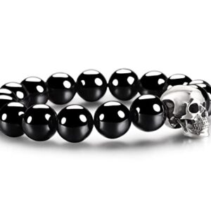 Skullis 0.7" 925 Sterling Silver Carved Skull & Black Obsidian Beads Bracelet, Crystal Healing. (M, Fit wrist size: (171-186) mm)