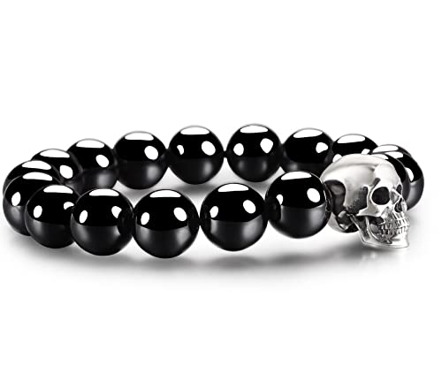 Skullis 0.7" 925 Sterling Silver Carved Skull & Black Obsidian Beads Bracelet, Crystal Healing. (M, Fit wrist size: (171-186) mm)