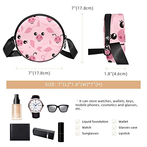 Cute Pink Pig Expression Cartoon Crossbody Bag for Women Teen Girls Round Canvas Shoulder Bag Purse Tote Handbag Bag