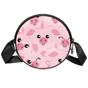 cute pink pig expression cartoon crossbody bag for women teen girls round canvas shoulder bag purse tote handbag bag