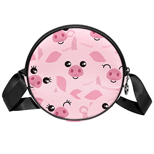 Cute Pink Pig Expression Cartoon Crossbody Bag for Women Teen Girls Round Canvas Shoulder Bag Purse Tote Handbag Bag