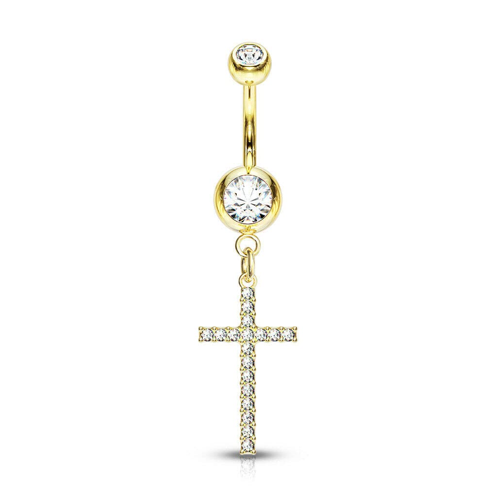 Crystal Paved Cross 14K Gold Plated Rose Gold Surgical Steel Navel Belly Ring - Gold