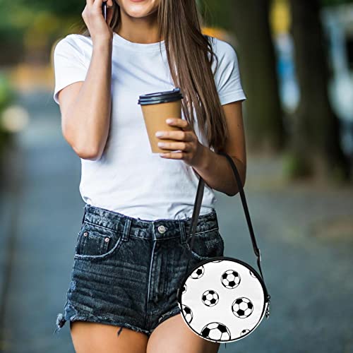 White Black Soccer Football Pattern Crossbody Bag for Women Teen Girls Round Canvas Shoulder Bag Purse Tote Handbag Bag