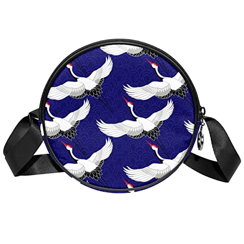 Crane Birds Pattern Crossbody Bag for Women Teen Girls Round Canvas Shoulder Bag Purse Tote Handbag Bag