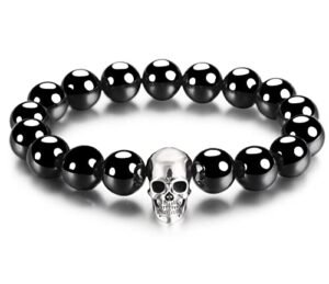 skullis 0.7" 925 sterling silver carved skull & black obsidian beads bracelet, crystal healing. (m, fit wrist size: (171-186) mm)