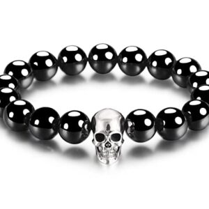 Skullis 0.7" 925 Sterling Silver Carved Skull & Black Obsidian Beads Bracelet, Crystal Healing. (M, Fit wrist size: (171-186) mm)