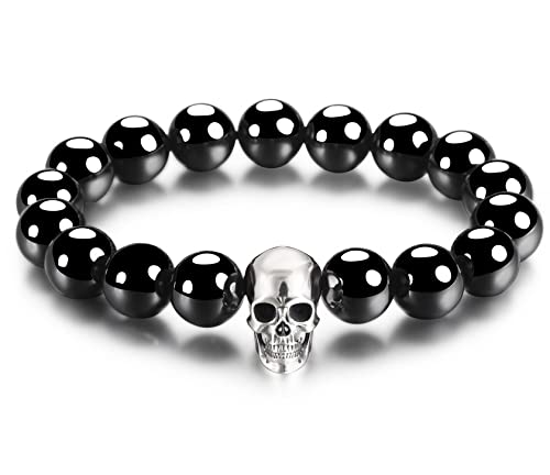 Skullis 0.7" 925 Sterling Silver Carved Skull & Black Obsidian Beads Bracelet, Crystal Healing. (M, Fit wrist size: (171-186) mm)