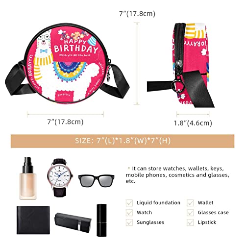 Happy Birthday Pink Alpaca Llama Crossbody Bag for Women Teen Girls Round Canvas Shoulder Bag Purse Tote Handbag Bag