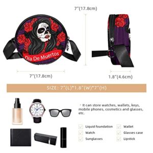 Beautiful Dia De Muertos Skull Crossbody Bag for Women Teen Girls Round Canvas Shoulder Bag Purse Tote Handbag Bag