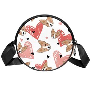 Dog and Heart Pattern Crossbody Bag for Women Teen Girls Round Canvas Shoulder Bag Purse Tote Handbag Bag