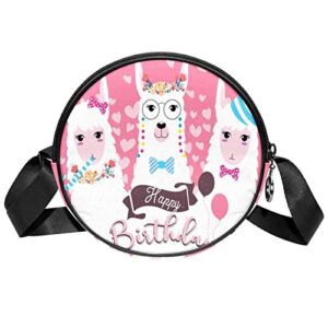 Happy Birthday Alpaca Llama Crossbody Bag for Women Teen Girls Round Canvas Shoulder Bag Purse Tote Handbag Bag