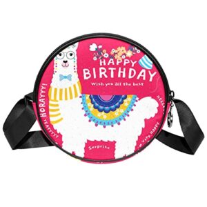 happy birthday pink alpaca llama crossbody bag for women teen girls round canvas shoulder bag purse tote handbag bag