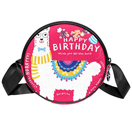 Happy Birthday Pink Alpaca Llama Crossbody Bag for Women Teen Girls Round Canvas Shoulder Bag Purse Tote Handbag Bag