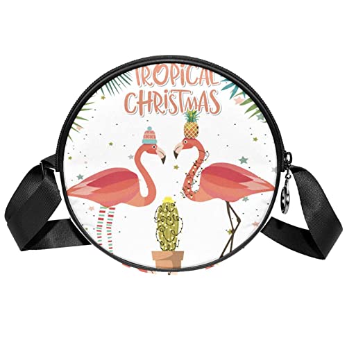 Tropical Christmas Flamingo Crossbody Bag for Women Teen Girls Round Canvas Shoulder Bag Purse Tote Handbag Bag