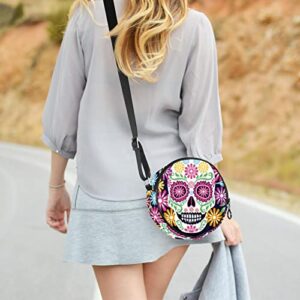 Sugar Skull Flowers Day of the Dead Crossbody Bag for Women Teen Girls Round Canvas Shoulder Bag Purse Tote Handbag Bag