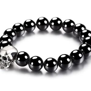 Skullis 0.7" 925 Sterling Silver Carved Skull & Black Obsidian Beads Bracelet, Crystal Healing. (M, Fit wrist size: (171-186) mm)