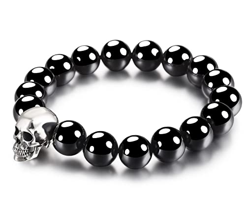 Skullis 0.7" 925 Sterling Silver Carved Skull & Black Obsidian Beads Bracelet, Crystal Healing. (M, Fit wrist size: (171-186) mm)