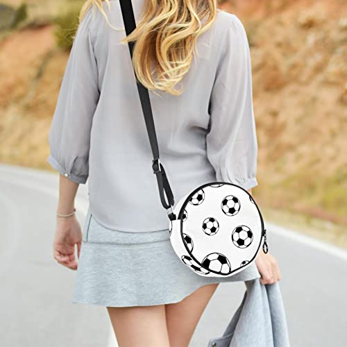 White Black Soccer Football Pattern Crossbody Bag for Women Teen Girls Round Canvas Shoulder Bag Purse Tote Handbag Bag