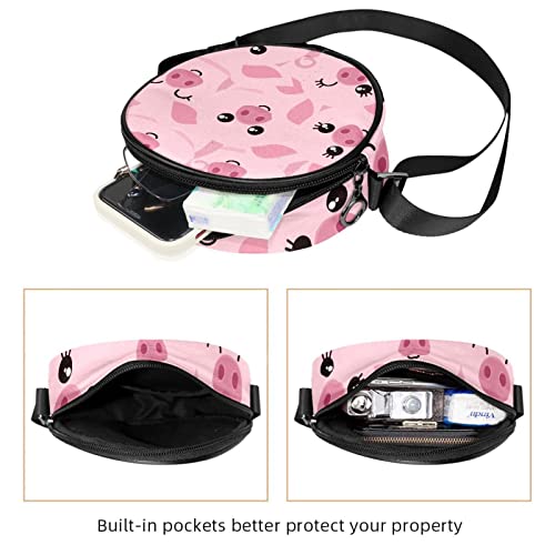 Cute Pink Pig Expression Cartoon Crossbody Bag for Women Teen Girls Round Canvas Shoulder Bag Purse Tote Handbag Bag