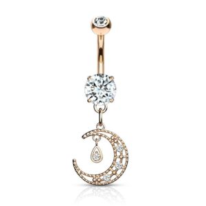 CZ Paved Crescent Moon Dangle Navel Belly Button Ring - Rose Gold