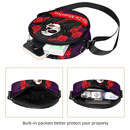 Beautiful Dia De Muertos Skull Crossbody Bag for Women Teen Girls Round Canvas Shoulder Bag Purse Tote Handbag Bag