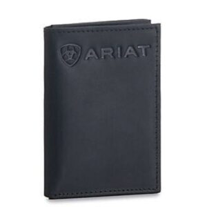 ARIAT Men's Trifold Wallet with Embossed Logo, Genuine Leather, Black