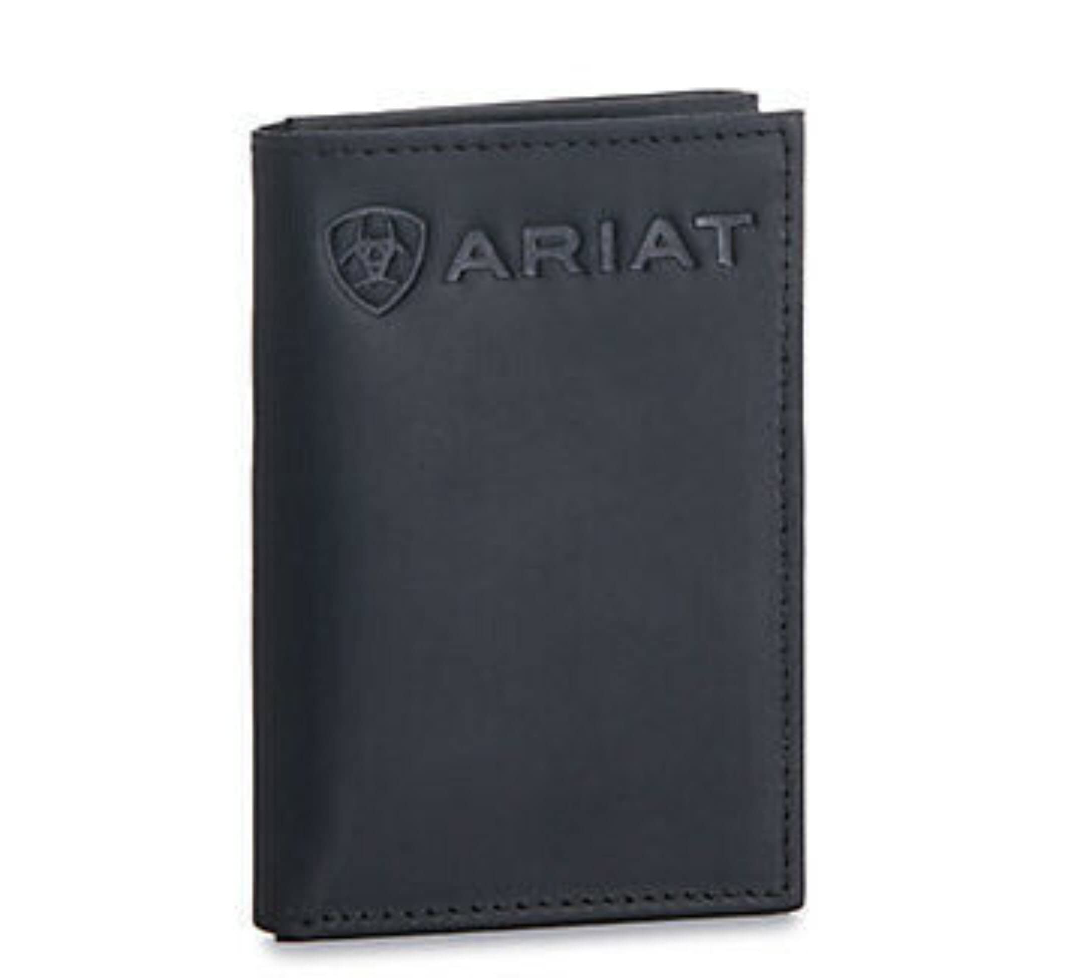 ARIAT Men's Trifold Wallet with Embossed Logo, Genuine Leather, Black