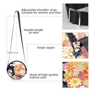 Japanese Traditional Cherry Peony Maple Leaf Crossbody Bag for Women Teen Girls Round Canvas Shoulder Bag Purse Tote Handbag Bag