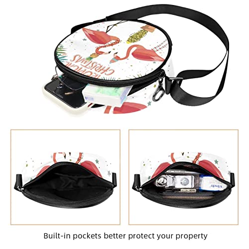 Tropical Christmas Flamingo Crossbody Bag for Women Teen Girls Round Canvas Shoulder Bag Purse Tote Handbag Bag