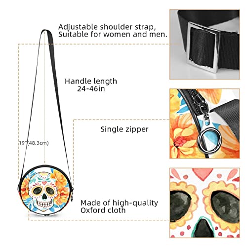 Colorful Skull Crossbody Bag for Women Teen Girls Round Canvas Shoulder Bag Purse Tote Handbag Bag