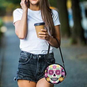 Sugar Skull Flowers Day of the Dead Crossbody Bag for Women Teen Girls Round Canvas Shoulder Bag Purse Tote Handbag Bag