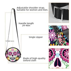 Sugar Skull Flowers Day of the Dead Crossbody Bag for Women Teen Girls Round Canvas Shoulder Bag Purse Tote Handbag Bag