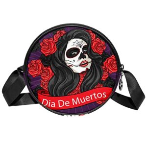 Beautiful Dia De Muertos Skull Crossbody Bag for Women Teen Girls Round Canvas Shoulder Bag Purse Tote Handbag Bag