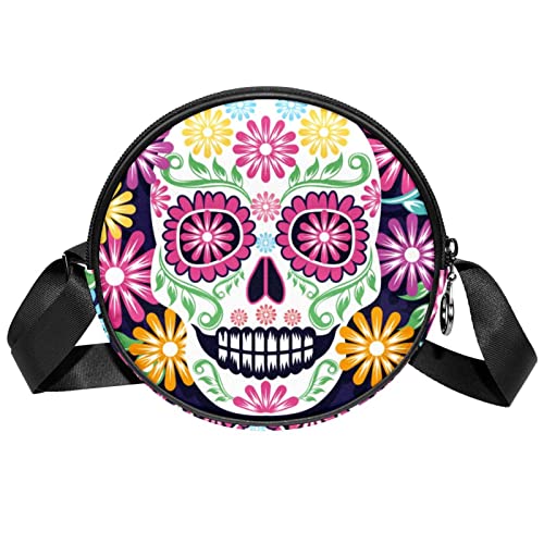 Sugar Skull Flowers Day of the Dead Crossbody Bag for Women Teen Girls Round Canvas Shoulder Bag Purse Tote Handbag Bag