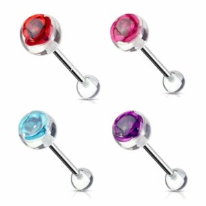 4 pc 14g 5/8inch floating titanium rose embeded in 10 mm clear ball tongue rings, clear,titanium,aqua,purple