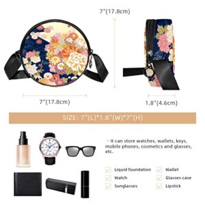 Japanese Traditional Cherry Peony Maple Leaf Crossbody Bag for Women Teen Girls Round Canvas Shoulder Bag Purse Tote Handbag Bag