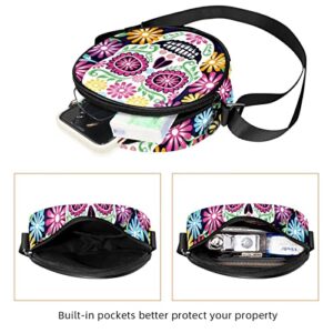 Sugar Skull Flowers Day of the Dead Crossbody Bag for Women Teen Girls Round Canvas Shoulder Bag Purse Tote Handbag Bag