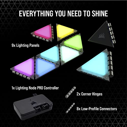 Corsair iCUE LC100 Case Accent Lighting Panels - Mini Triangle - 9X Tile Starter Kit (81 RGB LEDs with Light Diffusion, Simple Magnetic Attachment, iCUE Lighting Node PRO Included)