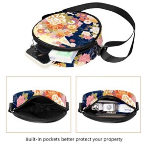 Japanese Traditional Cherry Peony Maple Leaf Crossbody Bag for Women Teen Girls Round Canvas Shoulder Bag Purse Tote Handbag Bag