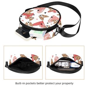 Dog and Heart Pattern Crossbody Bag for Women Teen Girls Round Canvas Shoulder Bag Purse Tote Handbag Bag