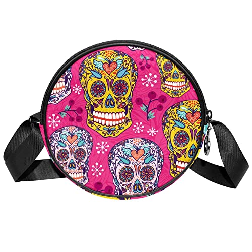 Pink Skulls Novelty Crossbody Bag for Women Teen Girls Round Canvas Shoulder Bag Purse Tote Handbag Bag