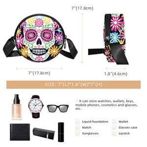 Sugar Skull Flowers Day of the Dead Crossbody Bag for Women Teen Girls Round Canvas Shoulder Bag Purse Tote Handbag Bag