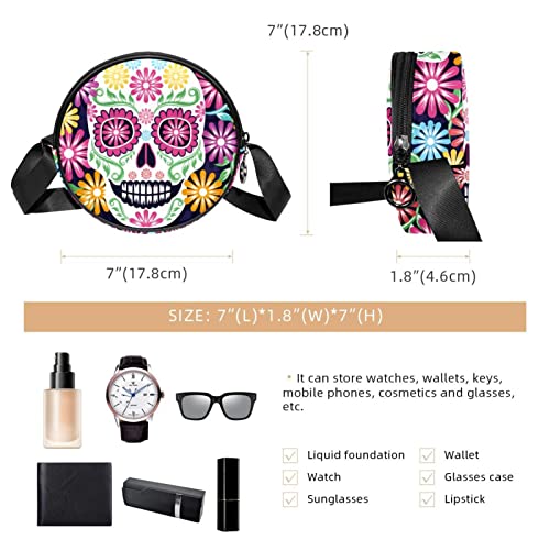 Sugar Skull Flowers Day of the Dead Crossbody Bag for Women Teen Girls Round Canvas Shoulder Bag Purse Tote Handbag Bag