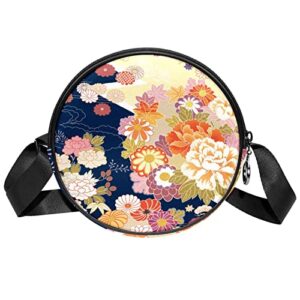 Japanese Traditional Cherry Peony Maple Leaf Crossbody Bag for Women Teen Girls Round Canvas Shoulder Bag Purse Tote Handbag Bag