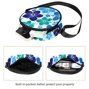 Watercolor Hawaiian Hibiscus Flowers Crossbody Bag for Women Teen Girls Round Canvas Shoulder Bag Purse Tote Handbag Bag