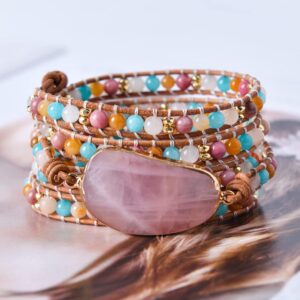 YGLINE Natural Stone Bracelet 5 Wraps Bracelet Handmade Blue Color Boho Bracelet for Women Bracelet (Rose Quartz 2)